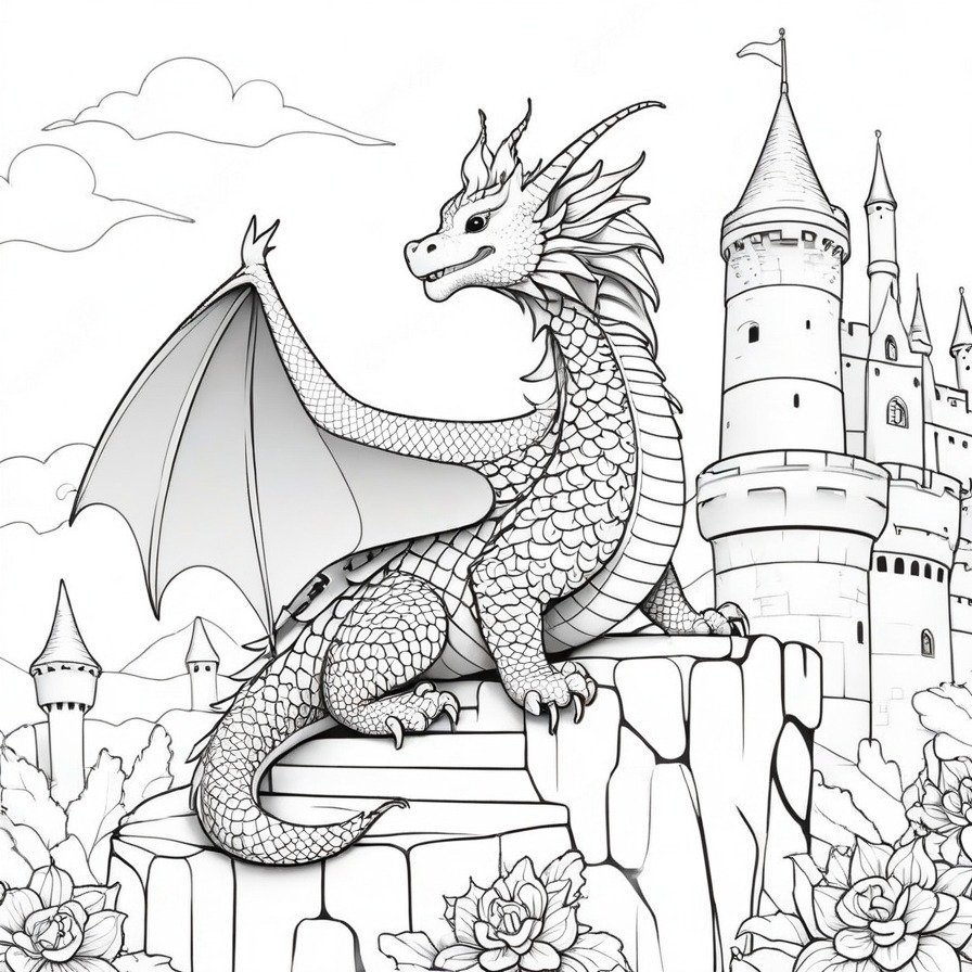 'Benevolent Dragon Protector' presents a majestic dragon in its role as a guardian, overseeing a medieval castle with a gaze full of wisdom and strength. The fine lines used to depict the dragon's scales and wings invite colorists to delve into the details, bringing out the texture and depth of this mythical creature. Set against the simplified backdrop of a castle, this scene strikes a balance between fantasy and the noble duty of protection. It's a call to those who cherish tales of knights, dragons, and ancient castles to add their artistic touch, making it a richly rewarding piece for fantasy enthusiasts and coloring book lovers alike. The dragon, as a symbol of strength and loyalty, offers a compelling narrative element, encouraging a creative exploration of medieval fantasy through coloring.