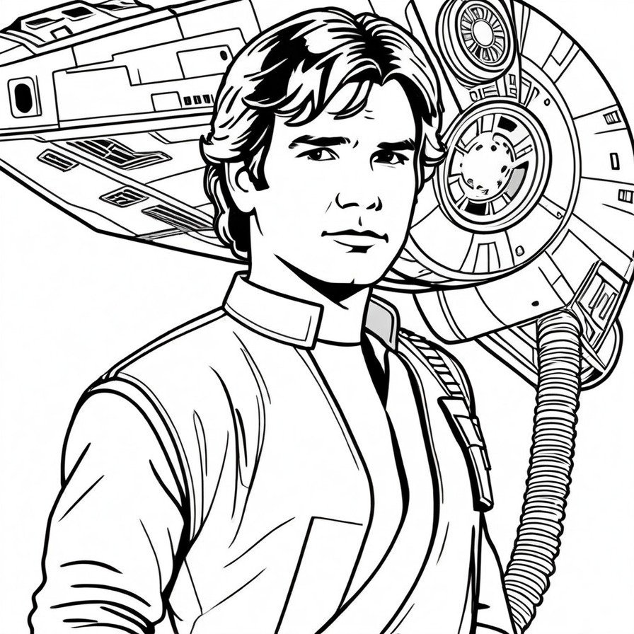 'Han Solo's Smuggler Charm' captures the essence of the beloved rogue, set against the backdrop of his iconic ship, the Millennium Falcon. This scene embodies Han's blend of confidence, charm, and readiness for adventure, inviting fans to delve into the exciting world of Star Wars. The focus on Han and the Falcon creates a perfect canvas for coloring, offering a glimpse into the life of a smuggler turned hero. This coloring page is a tribute to the adventurous spirit of the saga, appealing to fans who cherish the thrill of the unknown and the charisma of Han Solo.