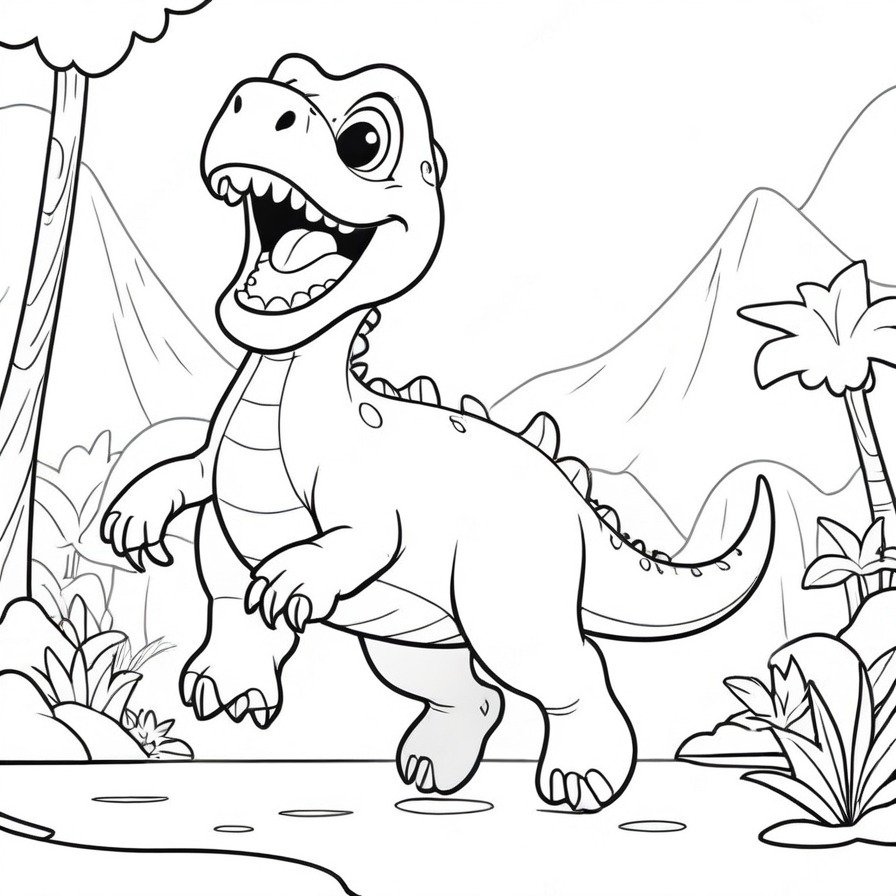 The 'Leap of the Happy Herbivore' captures the essence of joy and freedom through the dynamic pose of a smiling dinosaur in mid-leap. This drawing invites enthusiasts to add their creative touch to a moment of pure happiness in a prehistoric world.