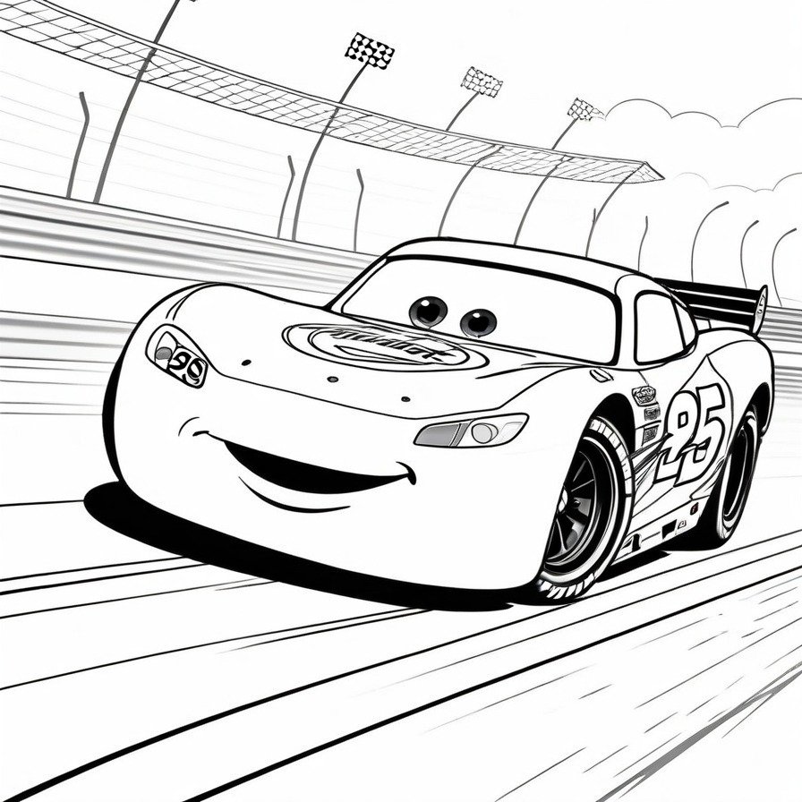 'Lightning McQueen's Race' captures the essence of the beloved Cars movie character, Lightning McQueen, in a moment of intense racing action. With determined eyes and the racetrack blurring behind him, McQueen embodies the passion and excitement of the sport. This scene offers fans a dynamic and engaging subject to color, bringing the high-speed world of Cars to life. Perfect for enthusiasts of all ages, this coloring page challenges creativity while paying homage to a favorite Pixar hero.