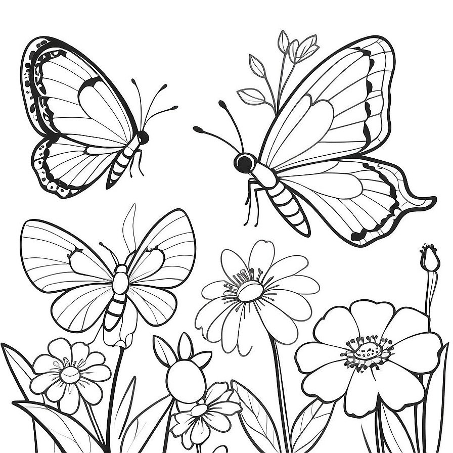 Dance with 'Butterflies in the Garden,' a celebration of these enchanting insects and the floral abundance of a garden in bloom. This coloring page showcases the delicate beauty of butterflies and the flowers they pollinate.