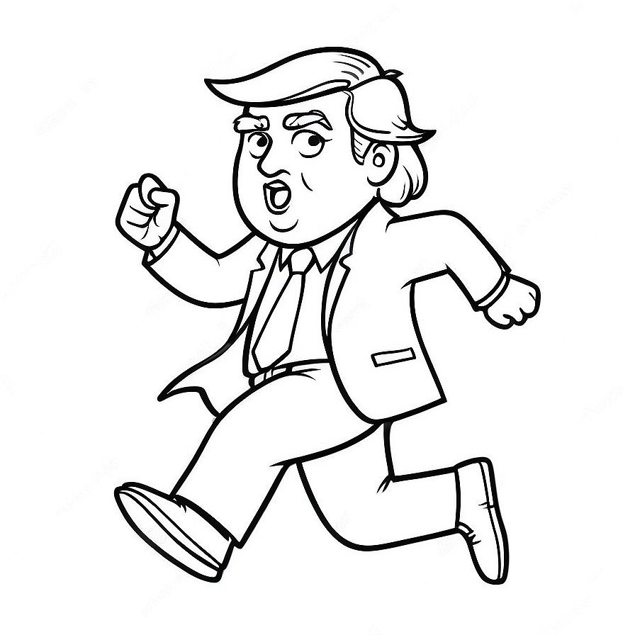 Line drawing of one Cartoon Donald Trump running in whole figure centered in picture. Only black and white. White background