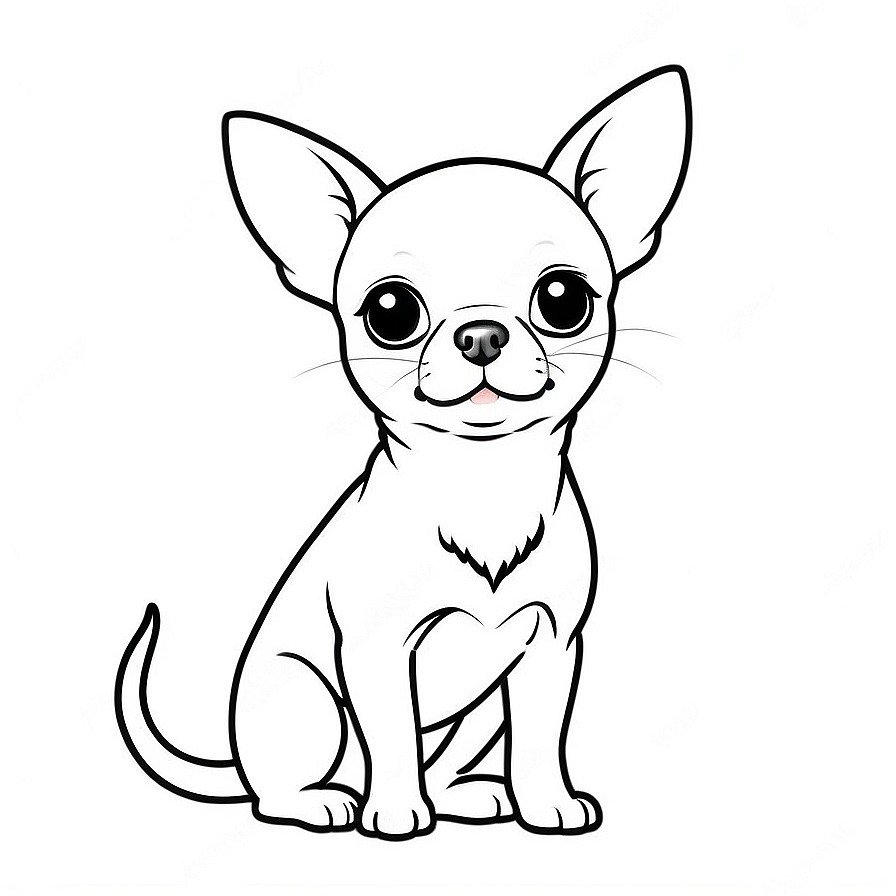 Line drawing of one Chihuahua in whole figure centered in picture. Only black and white. White background