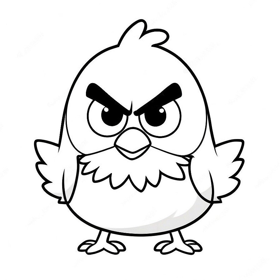 Line drawing of one Cute Little Easter Angry Bird Chicken in whole figure centered in picture. Only black and white. White background
