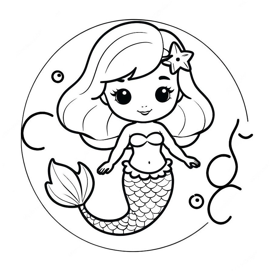 Line drawing of one Cute Mermaid Swimming with fish in whole figure centered in picture. Only black and white. White background
