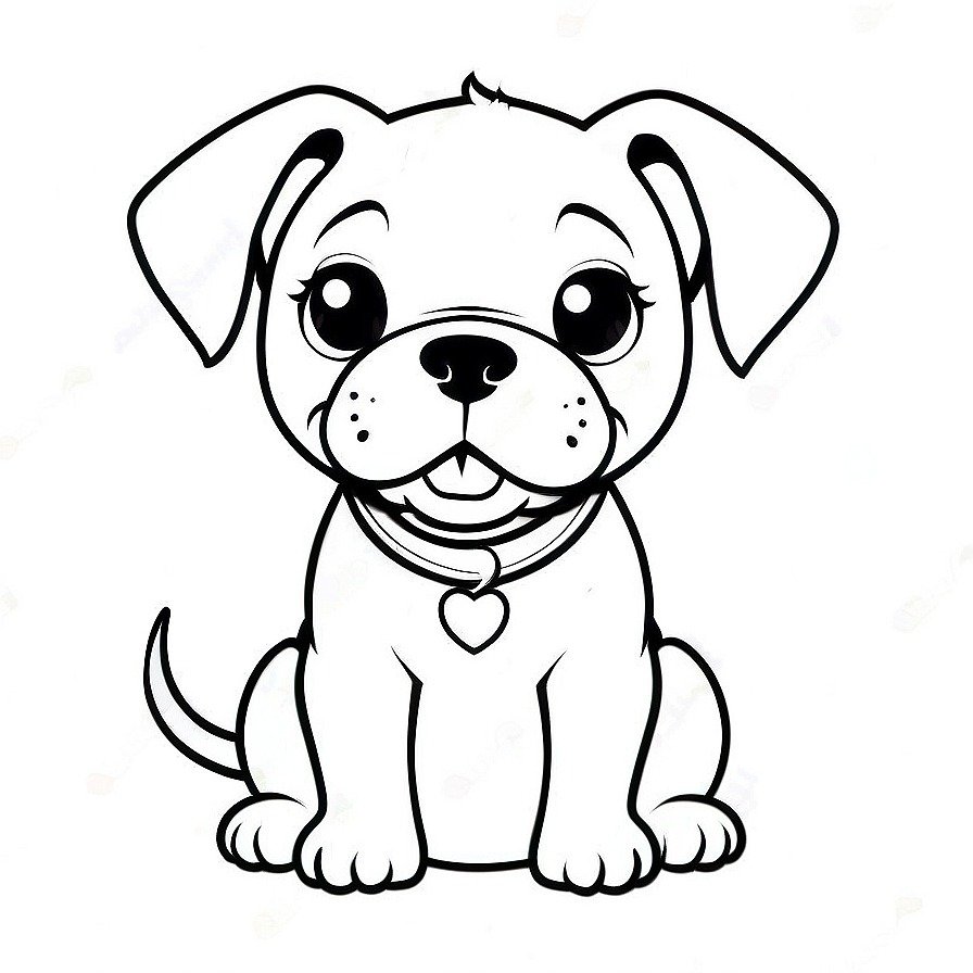 Line drawing of one Cute happy boxer puppy in whole figure centered in picture. Only black and white. White background