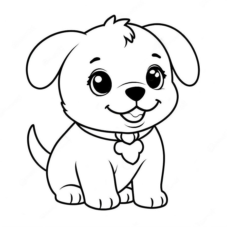 Line drawing of one Cute happy puppy in whole figure centered in picture. Only black and white. White background