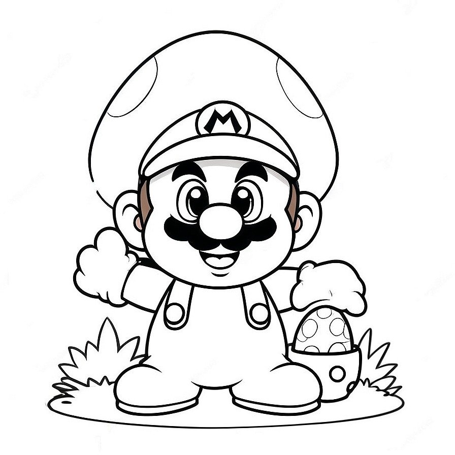 Line drawing of one Cute little Easter Super Mario with Easter Bunny in whole figure centered in picture. Only black and white. White background