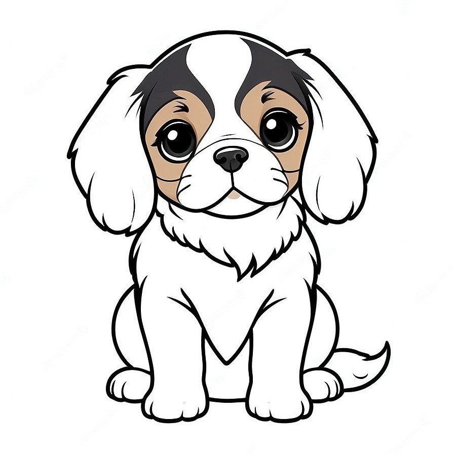 Line drawing of one Cute puppy Cavalier in whole figure centered in picture. Only black and white. White background