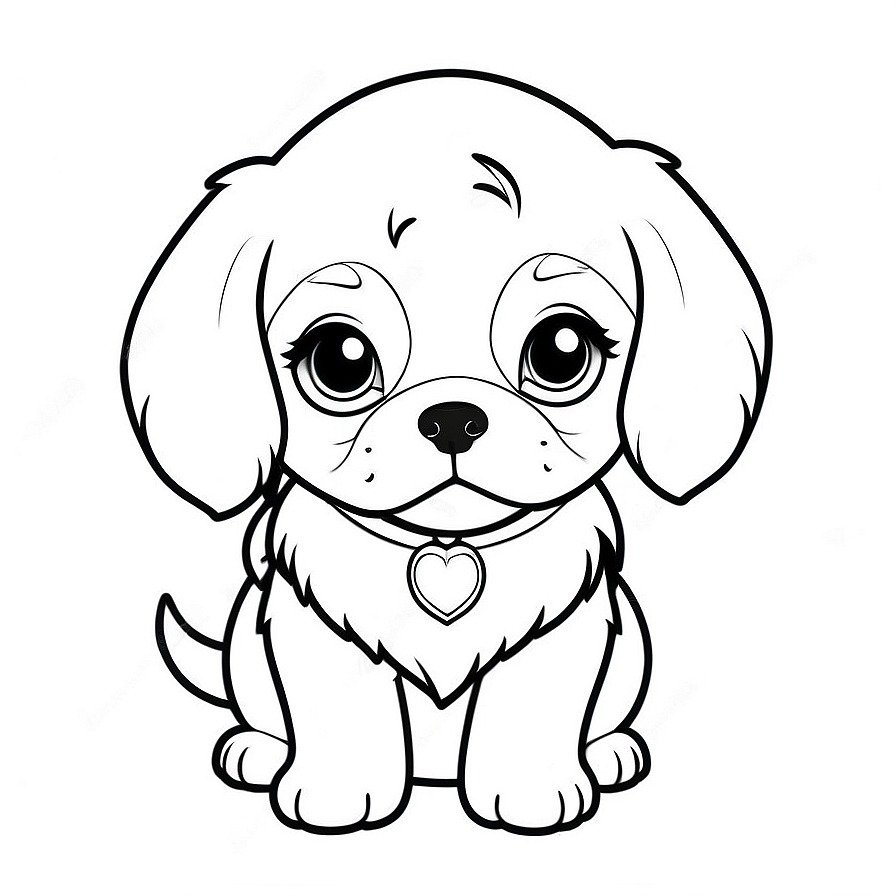 Line drawing of one Cute puppy Cavalier in whole figure centered in picture. Only black and white. White background