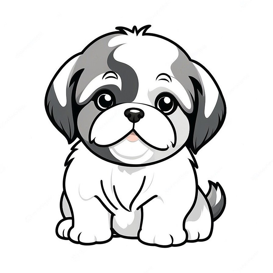 Line drawing of one Cute puppy Shih Tzu in whole figure centered in picture. Only black and white. White background