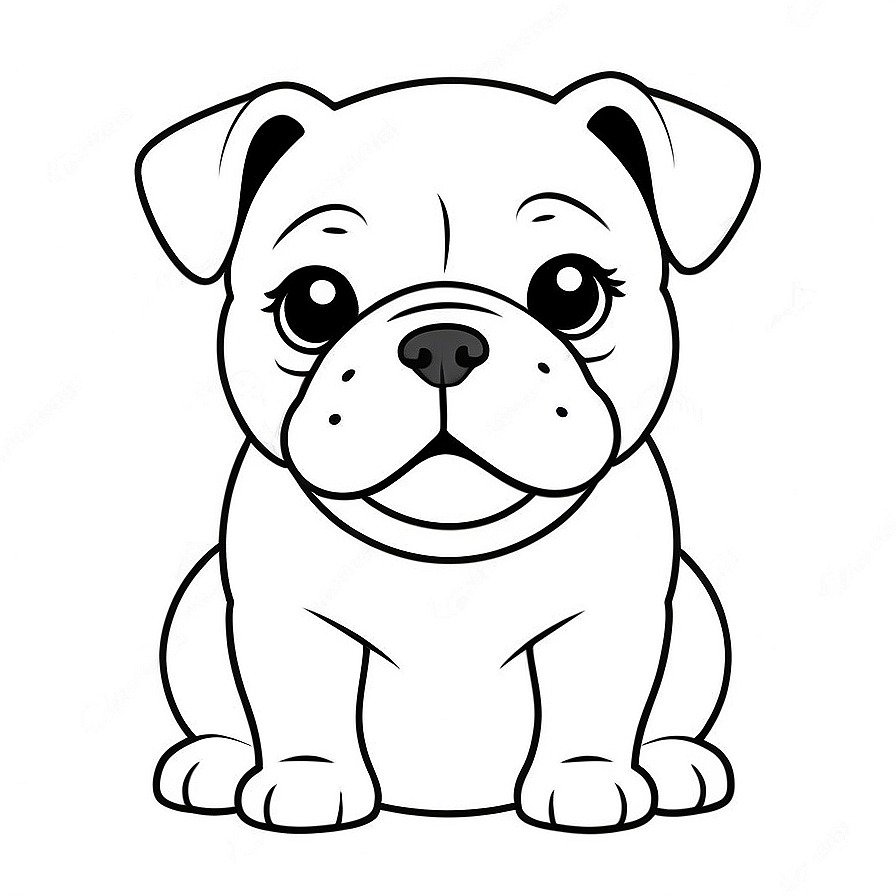 Line drawing of one Cute puppy bulldog in whole figure centered in picture. Only black and white. White background