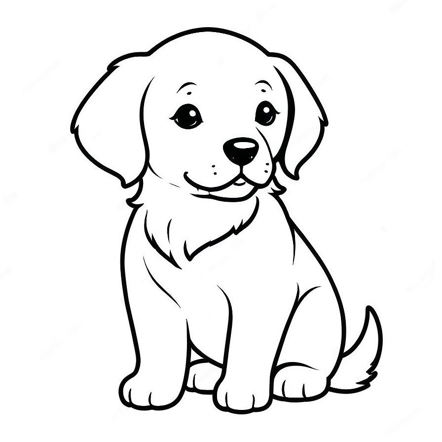 Line drawing of one Cute puppy golden retriever in whole figure centered in picture. Only black and white. White background