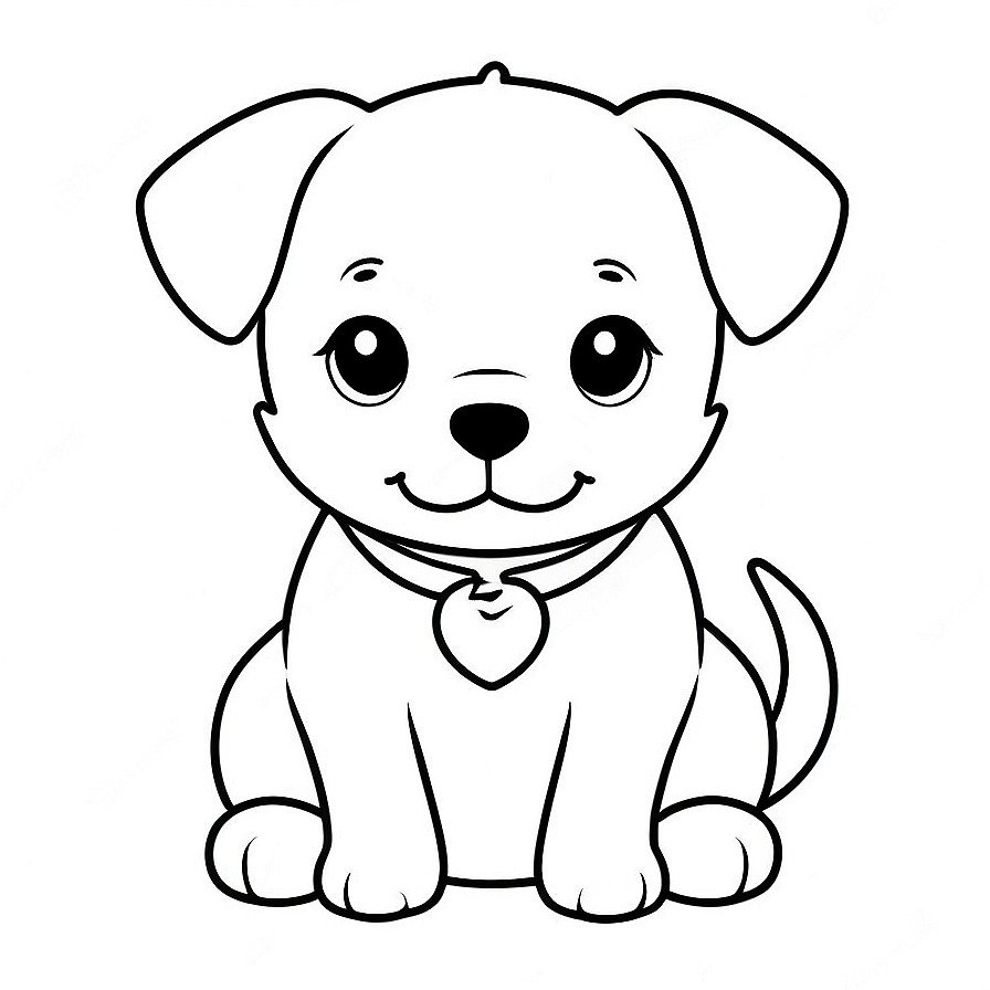 Line drawing of one Cute puppy in whole figure centered in picture. Only black and white. White background