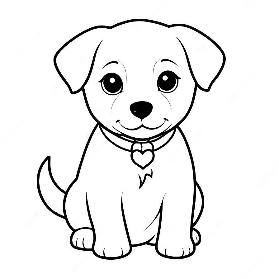 Line drawing of one Cute puppy parson russle in whole figure centered in picture. Only black and white. White background