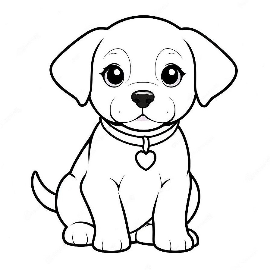 Line drawing of one Cute puppy parson russle in whole figure centered in picture. Only black and white. White background