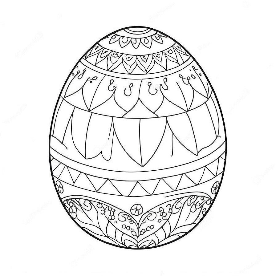 Line drawing of one Easter Egg for kids coloring in whole figure centered in picture. Only black and white. White background