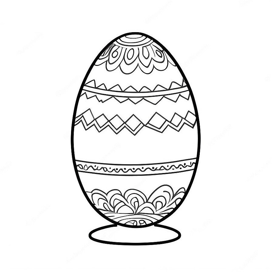 Line drawing of one Easter Egg in whole figure centered in picture. Only black and white. White background