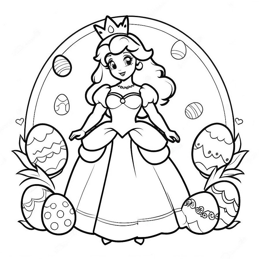 Line drawing of one Easter Princess Peach stands with Easter Eggs in whole figure centered in picture. Only black and white. White background