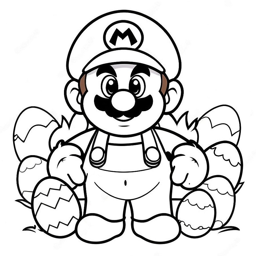 Line drawing of one Easter Super Mario stands with Easter Eggs in whole figure centered in picture. Only black and white. White background