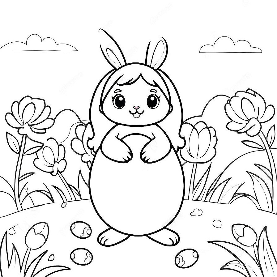 Line drawing of one Easter for kids coloring page in whole figure centered in picture. Only black and white. White background