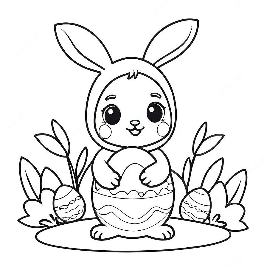 Line drawing of one Easter for kids coloring page in whole figure centered in picture. Only black and white. White background