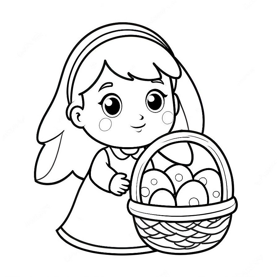 Line drawing of one Easter for kids coloring page with basket of eggs in whole figure centered in picture. Only black and white. White background