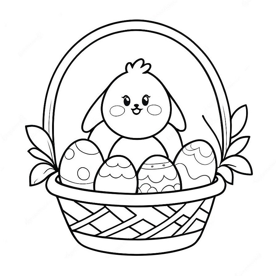 Line drawing of one Easter for kids coloring page with basket of eggs in whole figure centered in picture. Only black and white. White background