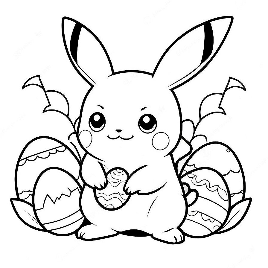 Line drawing of one Easter with Pikachu stands with eggs in whole figure centered in picture. Only black and white. White background