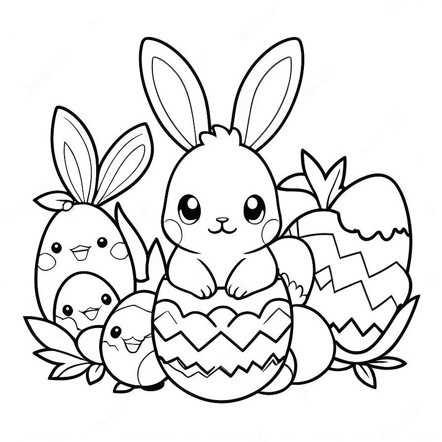 Line drawing of one Easter with Pokemons with eggs in whole figure centered in picture. Only black and white. White background