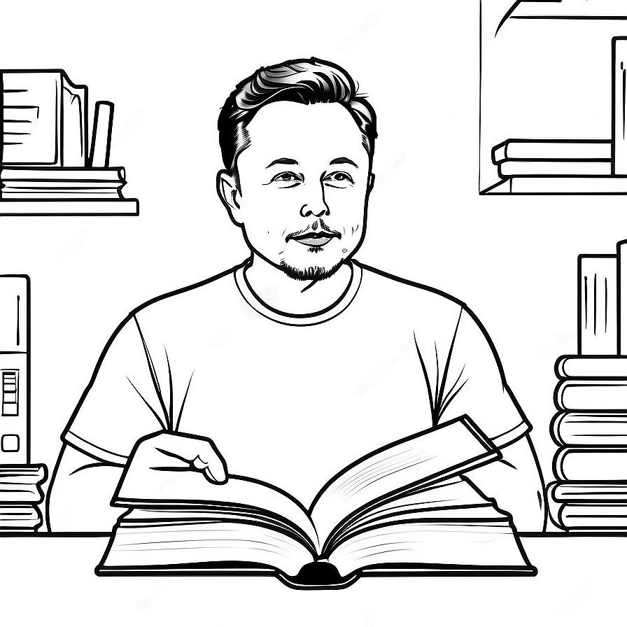 Line drawing of one Elon Musk' 'reading a book in whole figure centered in picture. Only black and white. White background