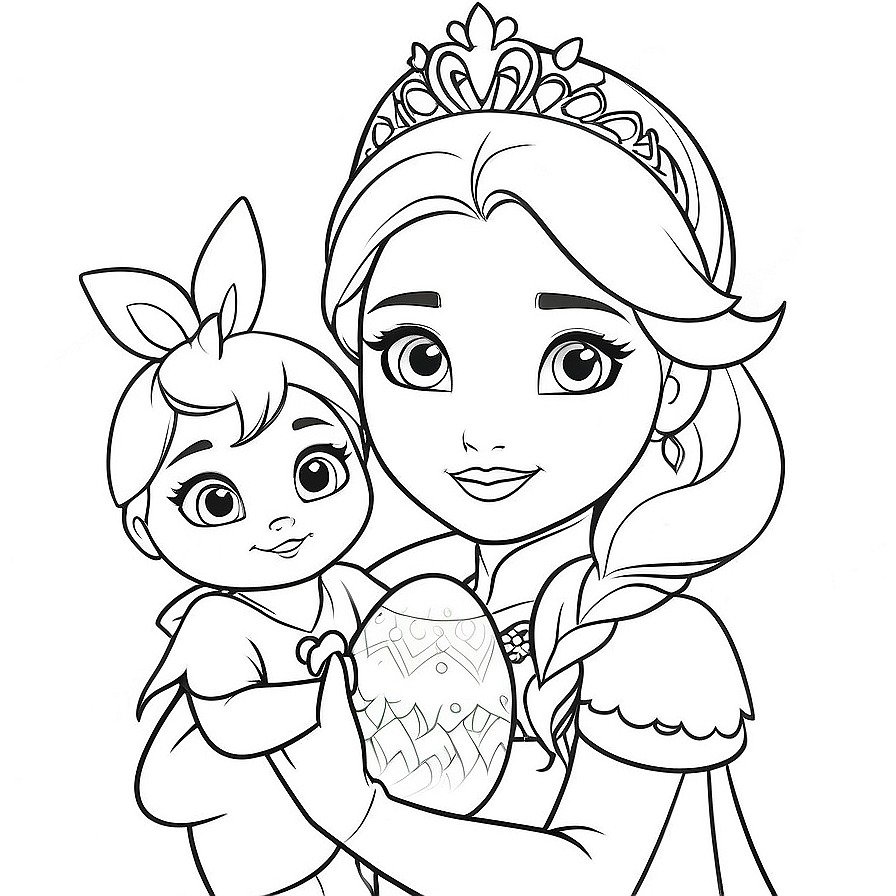 Line drawing of one Elsa Princess and Anna from frost stands with one cute easter bunny in whole figure centered in picture. Only black and white. White background