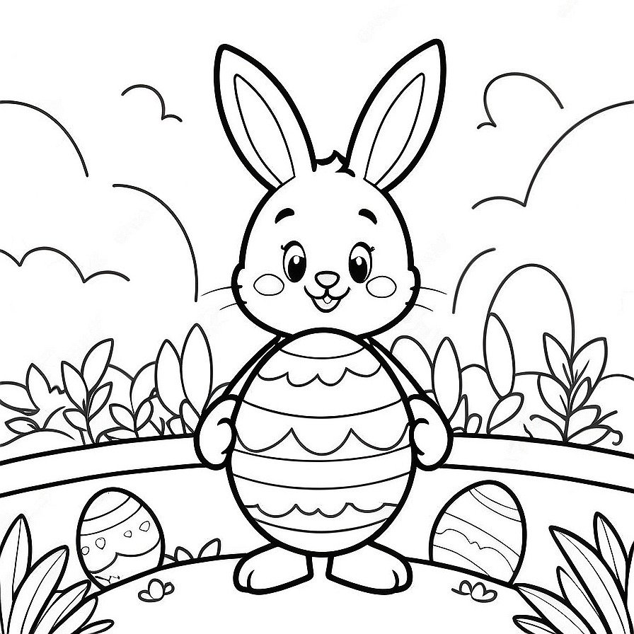 Line drawing of one Happy Easter in whole figure centered in picture. Only black and white. White background