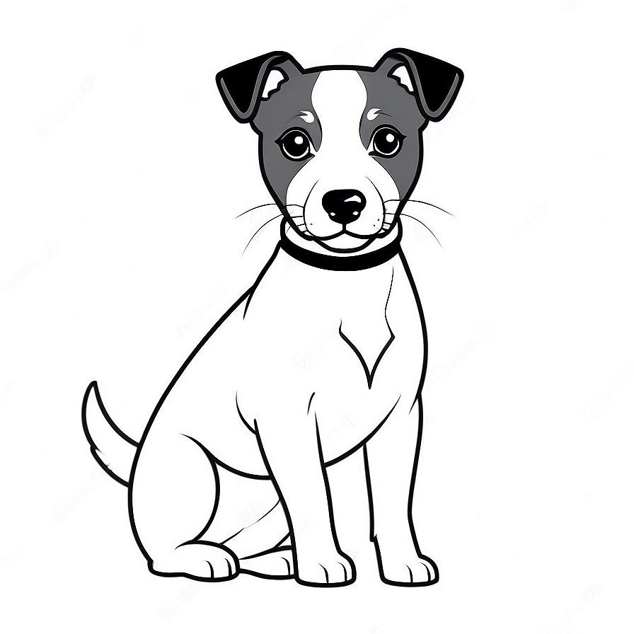Line drawing of one Jack Russell Terrier in whole figure centered in picture. Only black and white. White background