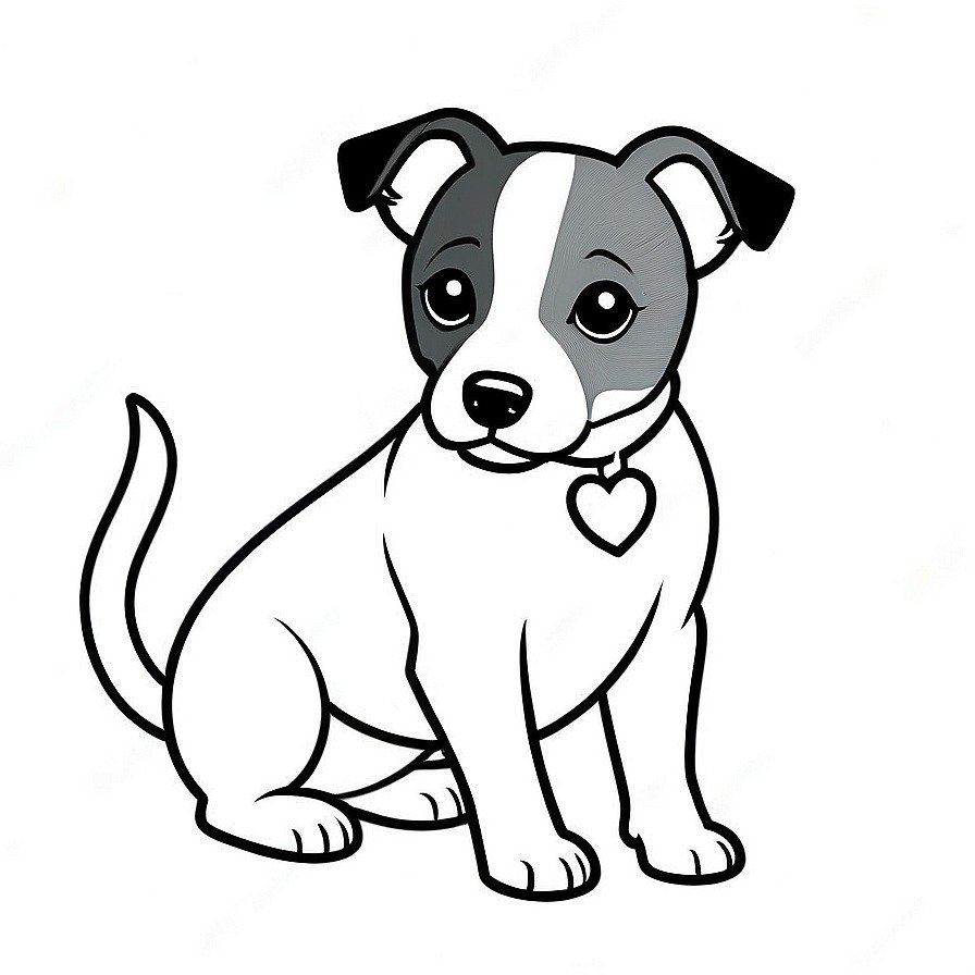 Line drawing of one Jack Russell Terrier in whole figure centered in picture. Only black and white. White background