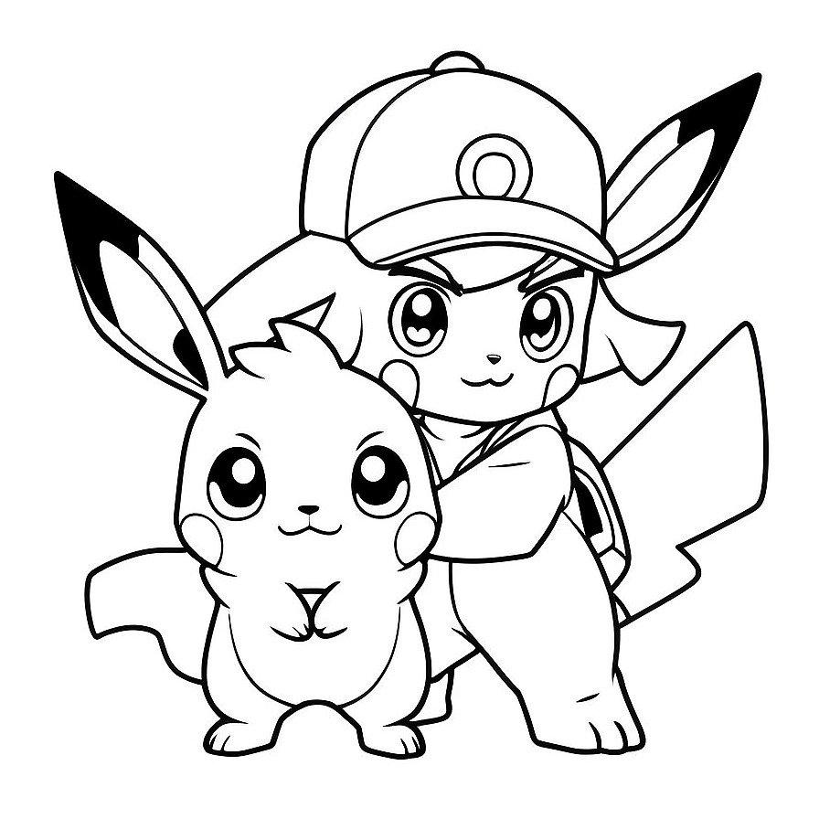Line drawing of one Pokemon Ash Ketchum and Eevee in whole figure centered in picture. Only black and white. hie backgrond