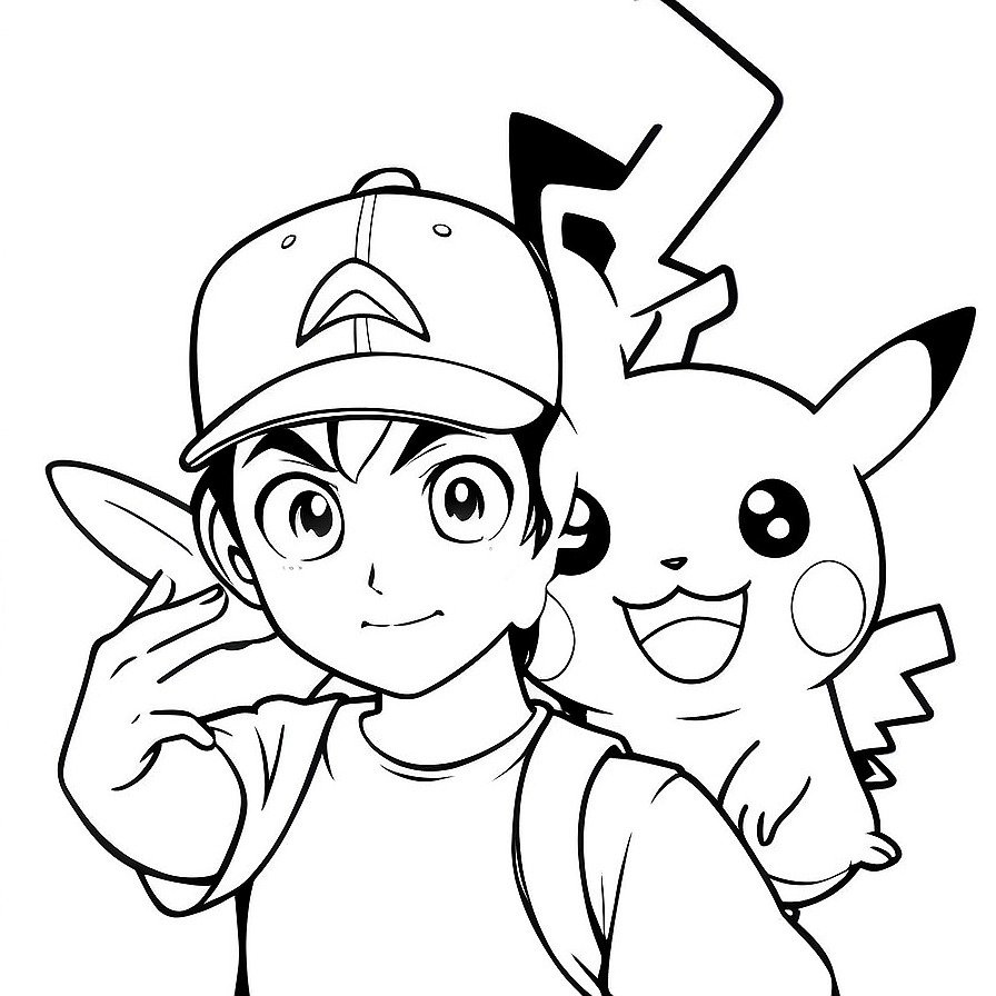 Line drawing of one Pokemon Ash Ketchum and pikachu selfie in whole figure centered in picture. Only black and hie. White acground