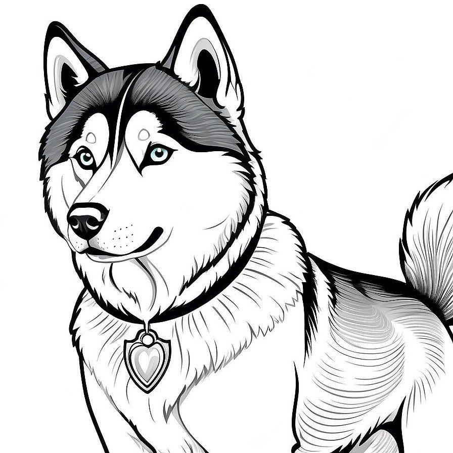 Line drawing of one Siberian Husky in whole figure centered in picture. Only black and white. White background