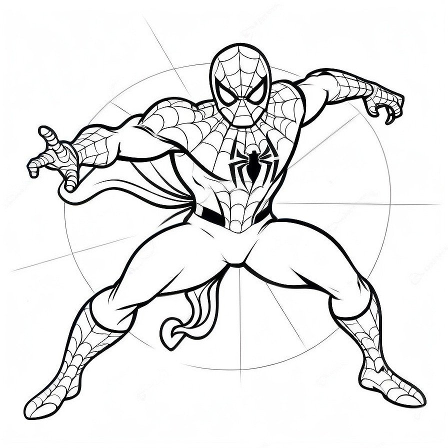 Line drawing of one Spiderman Fighting in whole figure centered in picture. Only black and white. White background