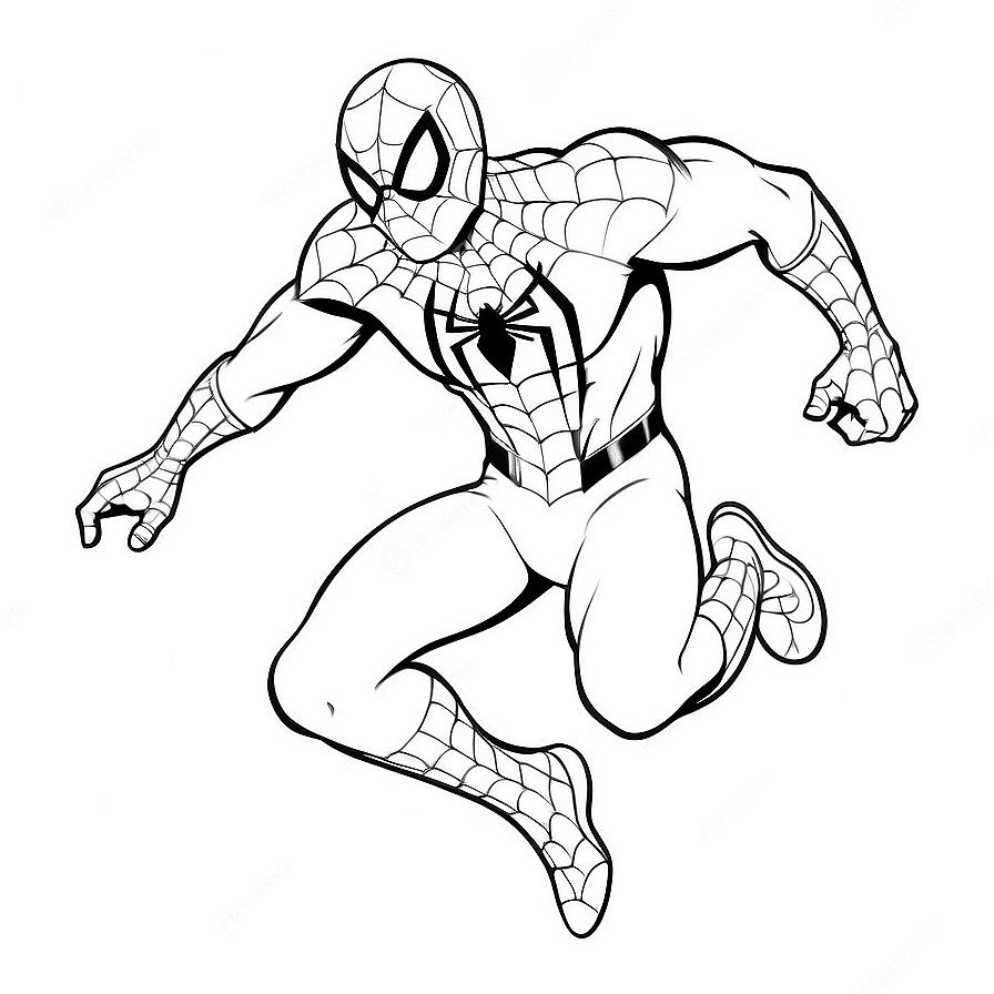 Line drawing of one Spiderman Running in whole figure centered in picture. Only black and white. White background