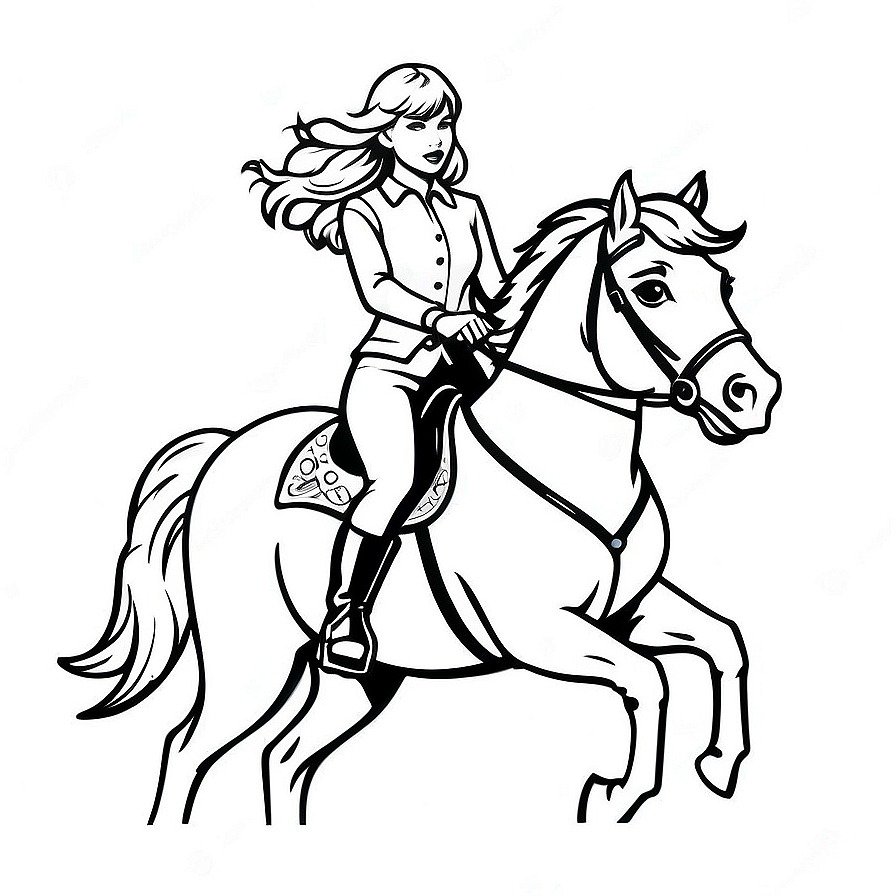 Line drawing of one Taylor Swift riding a horse in whole figure centered in picture. Only black and white. White background