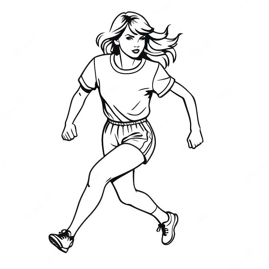Line drawing of one Taylor Swift running in whole figure centered in picture. Only black and white. White background