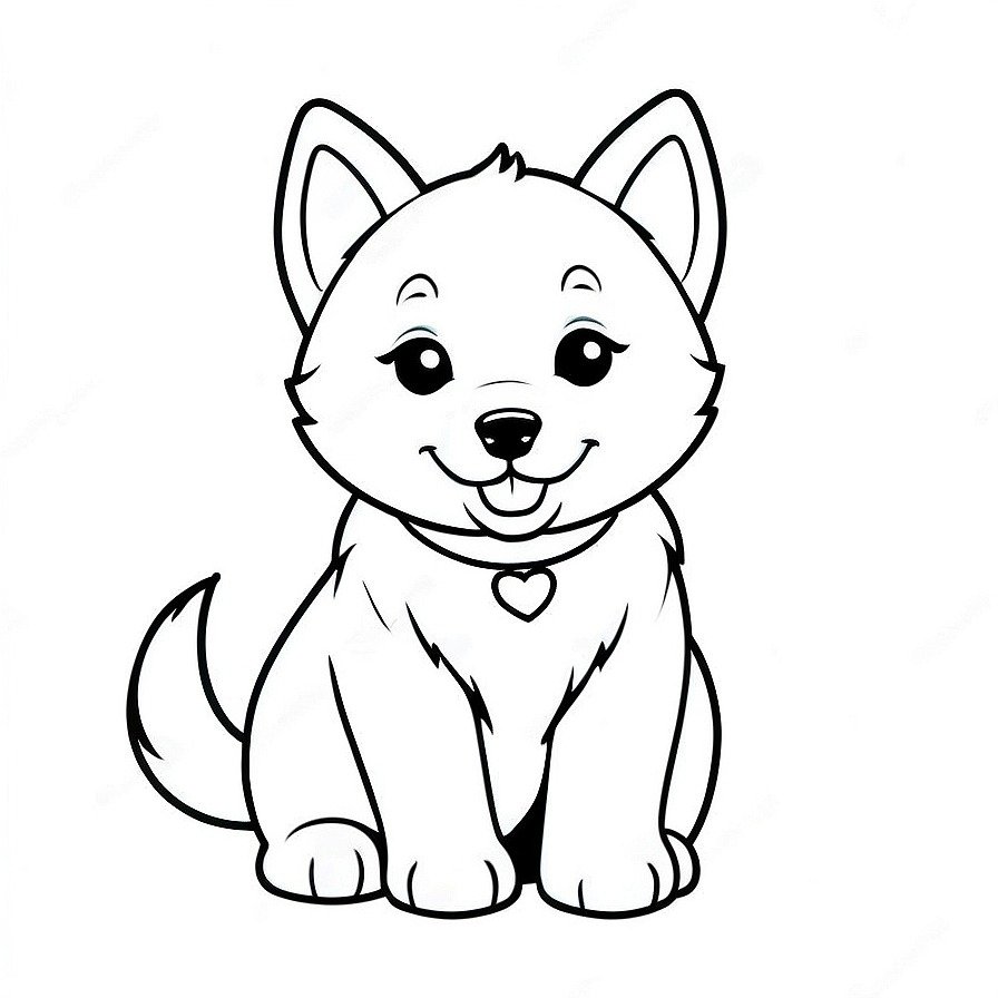 Line drawing of one cute happy Siberian Husky puppy in whole figure centered in picture. Only black and white. White background