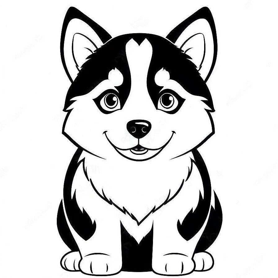 Line drawing of one cute happy Siberian Husky puppy in whole figure centered in picture. Only black and white. White background