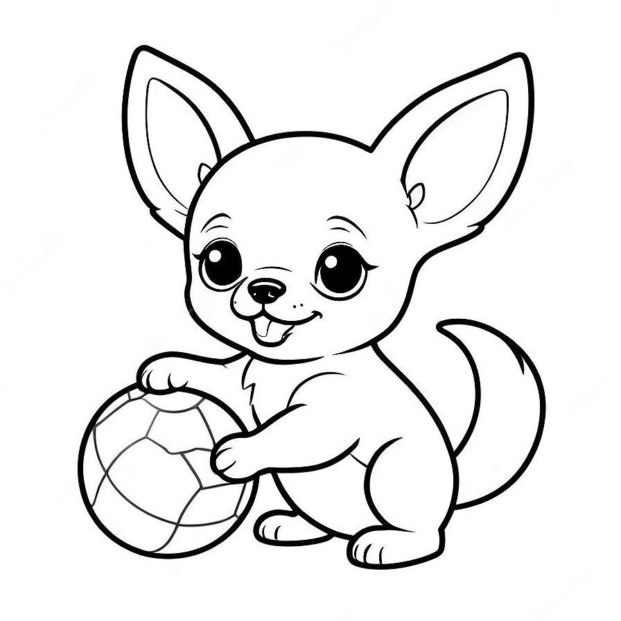 Line drawing of one cute happy chihuahua puppy playing with a ball in whole figure centered in picture. Only black and white. White background