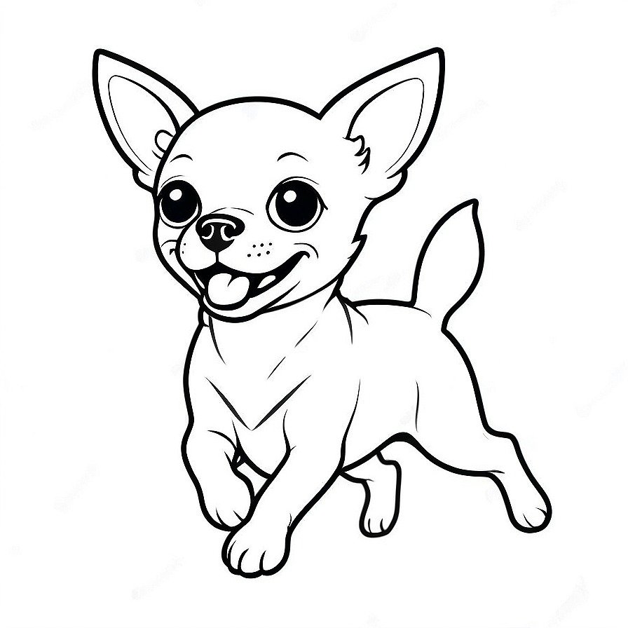 Line drawing of one happy Chihuahua running in whole figure centered in picture. Only black and white. White background
