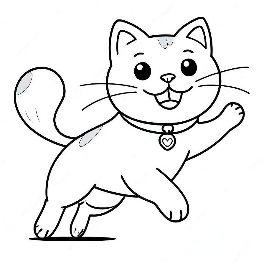 Line drawing of one happy cat running in whole figure centered in picture. Only black and white. White background