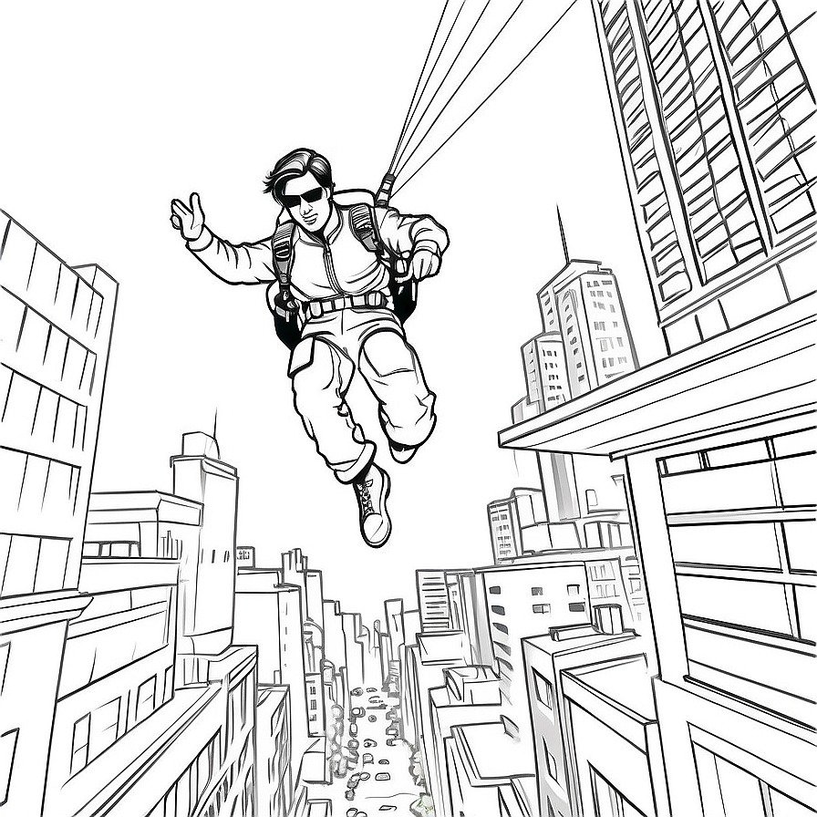 Dive into the heart of the city with 'Parachute Descent into the City,' capturing the precision and thrill of urban parachuting. Inspired by Tom Cruise's action-packed filmography, it's perfect for those seeking adventure in their coloring pages.