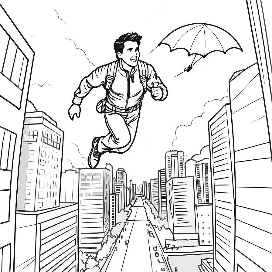 Dive into the heart of the city with 'Parachute Descent into the City,' capturing the precision and thrill of urban parachuting. Inspired by Tom Cruise's action-packed filmography, it's perfect for those seeking adventure in their coloring pages.