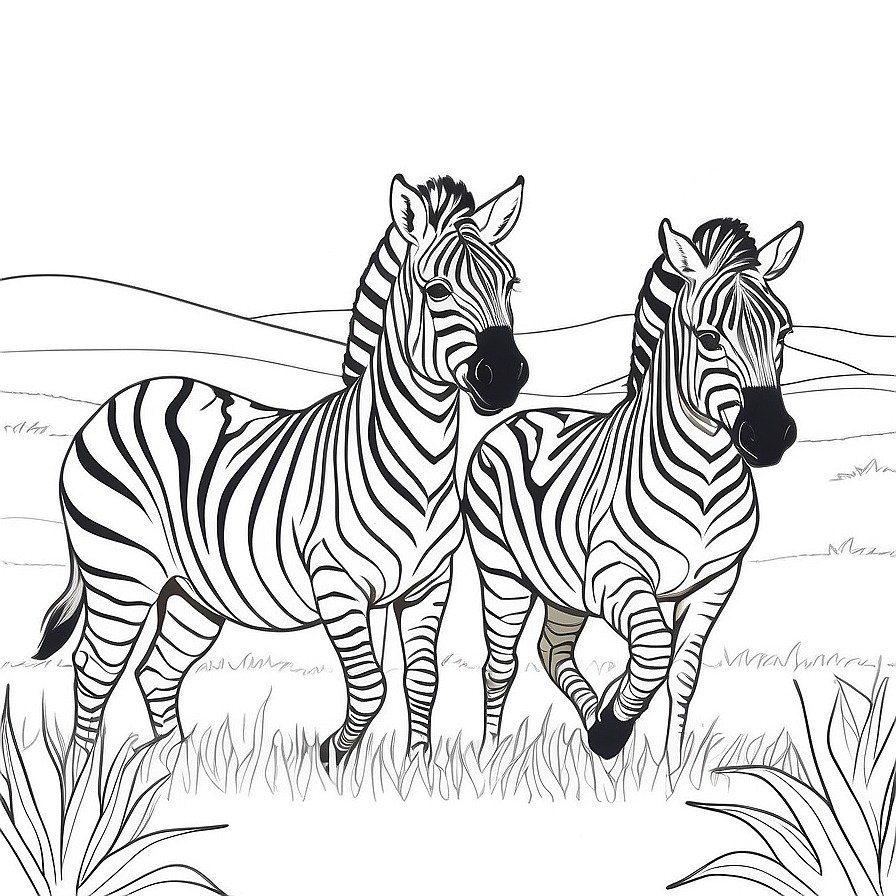 Stride into the plains with 'Prancing Zebras,' a celebration of these uniquely patterned animals in their natural habitat. This coloring page brings to life the beauty and social dynamics of zebras on the African savannah, offering a glimpse into their graceful existence.